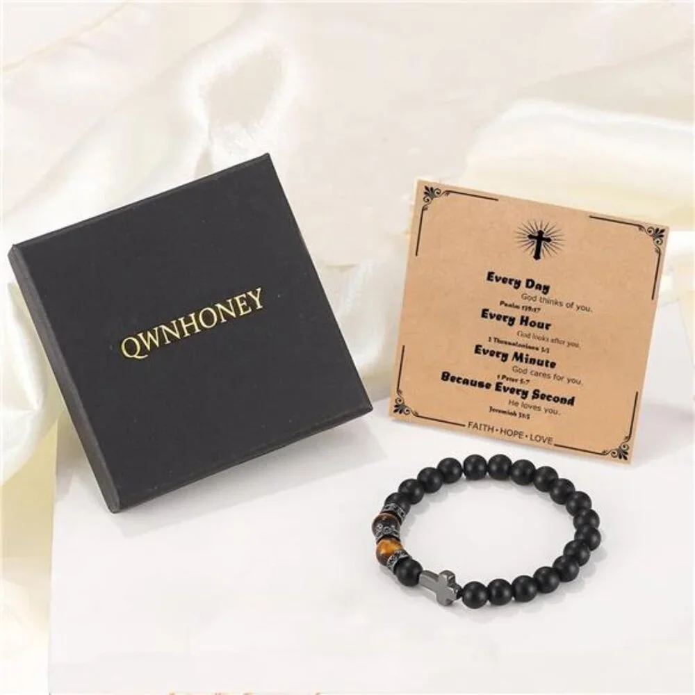 Mens Cross Bracelet Black Tiger Eye Beads Adjustable Christian Religious Gift